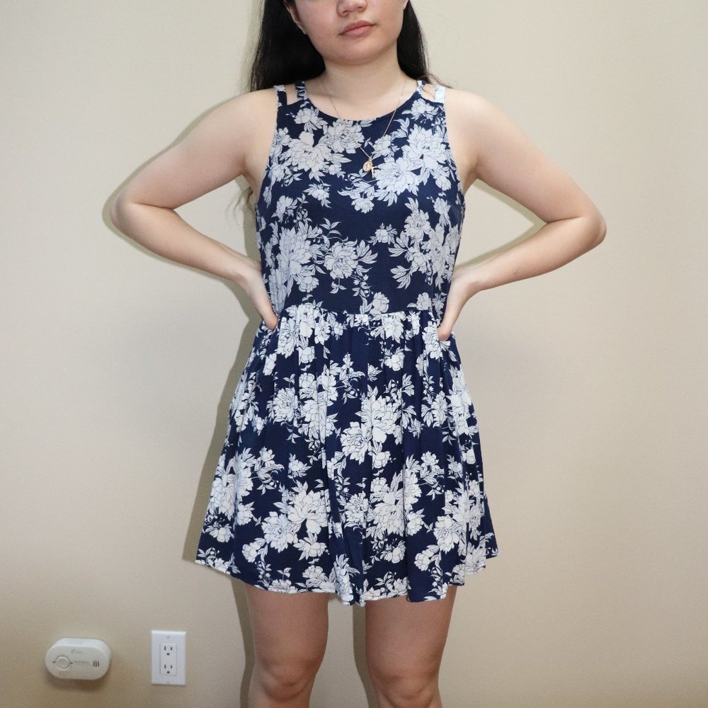 White Floral Navy Blue Dress